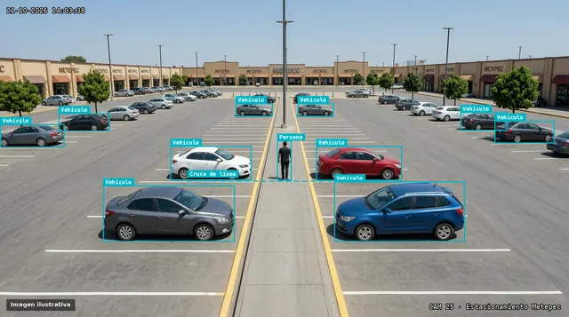 Vista ilustrativa de analítica de video en un estacionamiento: recuadros sobre los vehículos y una persona, y una línea virtual de cruce