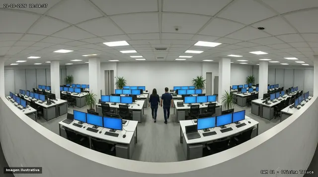 Vista ilustrativa de una cámara domo en una oficina: pasillo entre escritorios con dos personas caminando
