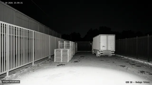 Vista ilustrativa de una cámara infrarroja de noche en blanco y negro: patio de una bodega con un camión estacionado
