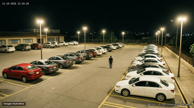 Vista ilustrativa de una cámara con color nocturno en un estacionamiento bajo reflectores, con autos y una persona caminando