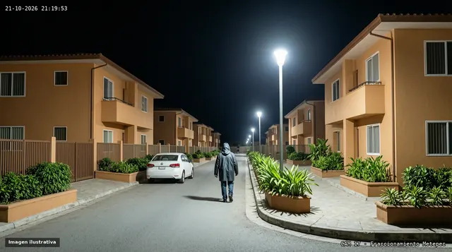 Vista ilustrativa de una cámara con color nocturno en una calle residencial con farolas, una persona caminando y un auto estacionado