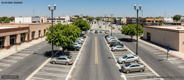 Vista ilustrativa de una cámara panorámica en un estacionamiento de plaza comercial a plena luz del día