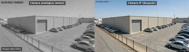 Comparación ilustrativa de una nave industrial: cámara analógica antes y cámara IP después de la renovación
