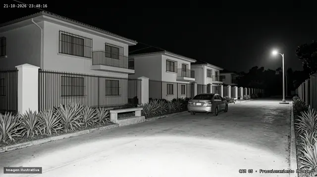 Vista ilustrativa de una cámara turret de noche en blanco y negro: calle residencial con casas iguales y un auto estacionado