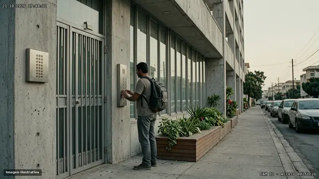 Vista ilustrativa de la cámara de acceso de un edificio de departamentos con una persona tocando el panel de interfón