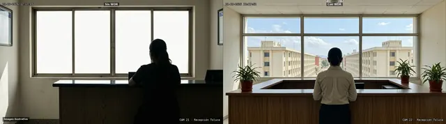 Comparación ilustrativa de una recepción con ventanal a contraluz: a la izquierda sin WDR el ventanal queda blanco, a la derecha con WDR se ve el exterior