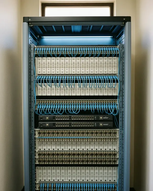 Rack de telecomunicaciones ordenado con patch panel y cables azules.