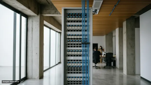 Rack de telecomunicaciones con patch panels y cables azules ordenados en una oficina de concreto y madera.