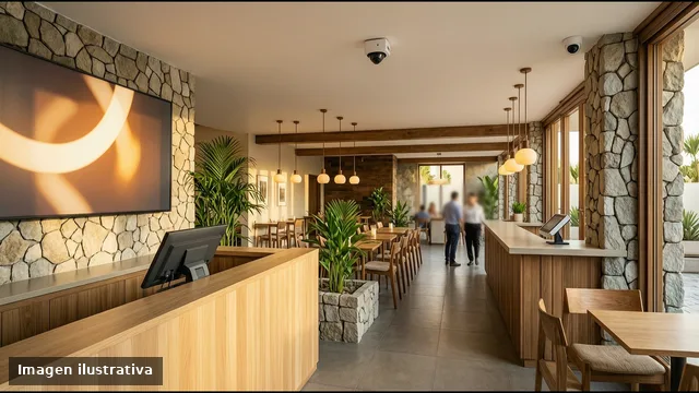 Lobby de hotel con recepción, pantalla digital y restaurante al fondo, con cámara domo y access point en el techo.