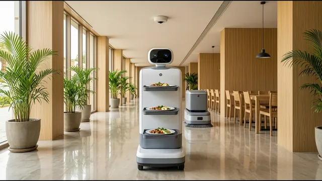 Robot de servicio con charolas y robot de limpieza en el pasillo de un restaurante, con cámara domo en el techo.