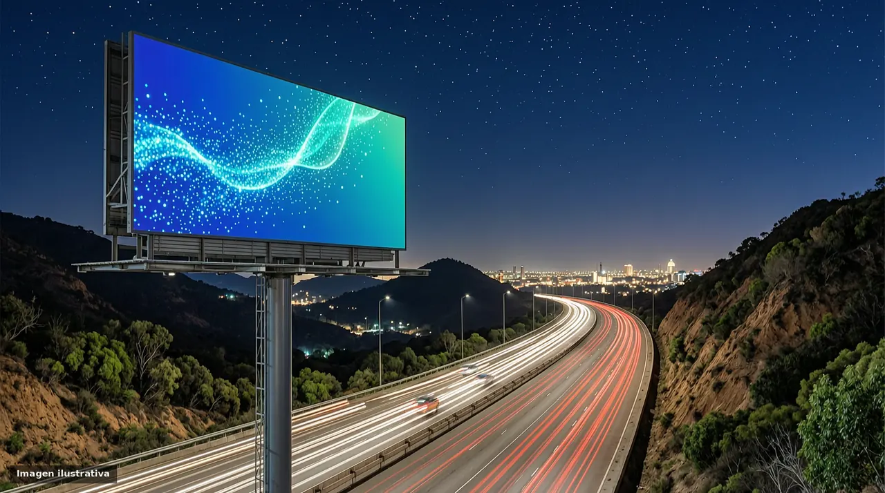 Espectacular LED con arte abstracto de partículas junto a una autopista de noche.