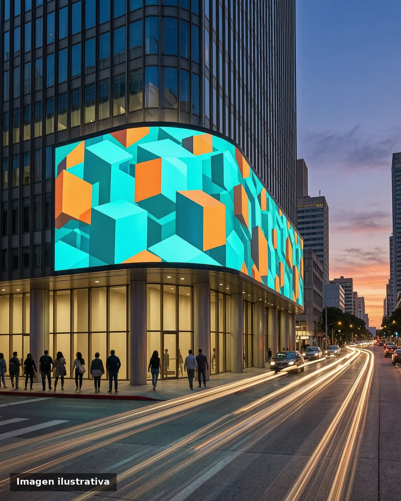 Edificio urbano al atardecer con una pantalla LED curva que muestra arte abstracto turquesa y naranja.