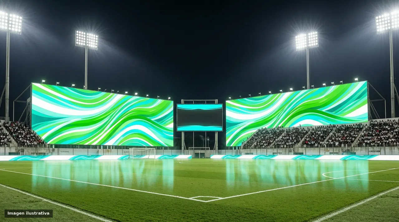 Cancha deportiva de noche con una pantalla LED perimetral encendida con degradados abstractos.