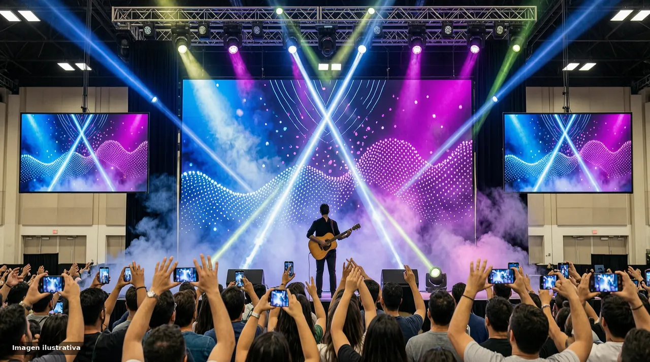 Escenario de concierto con pantallas LED de gráficos abstractos y público de espaldas.