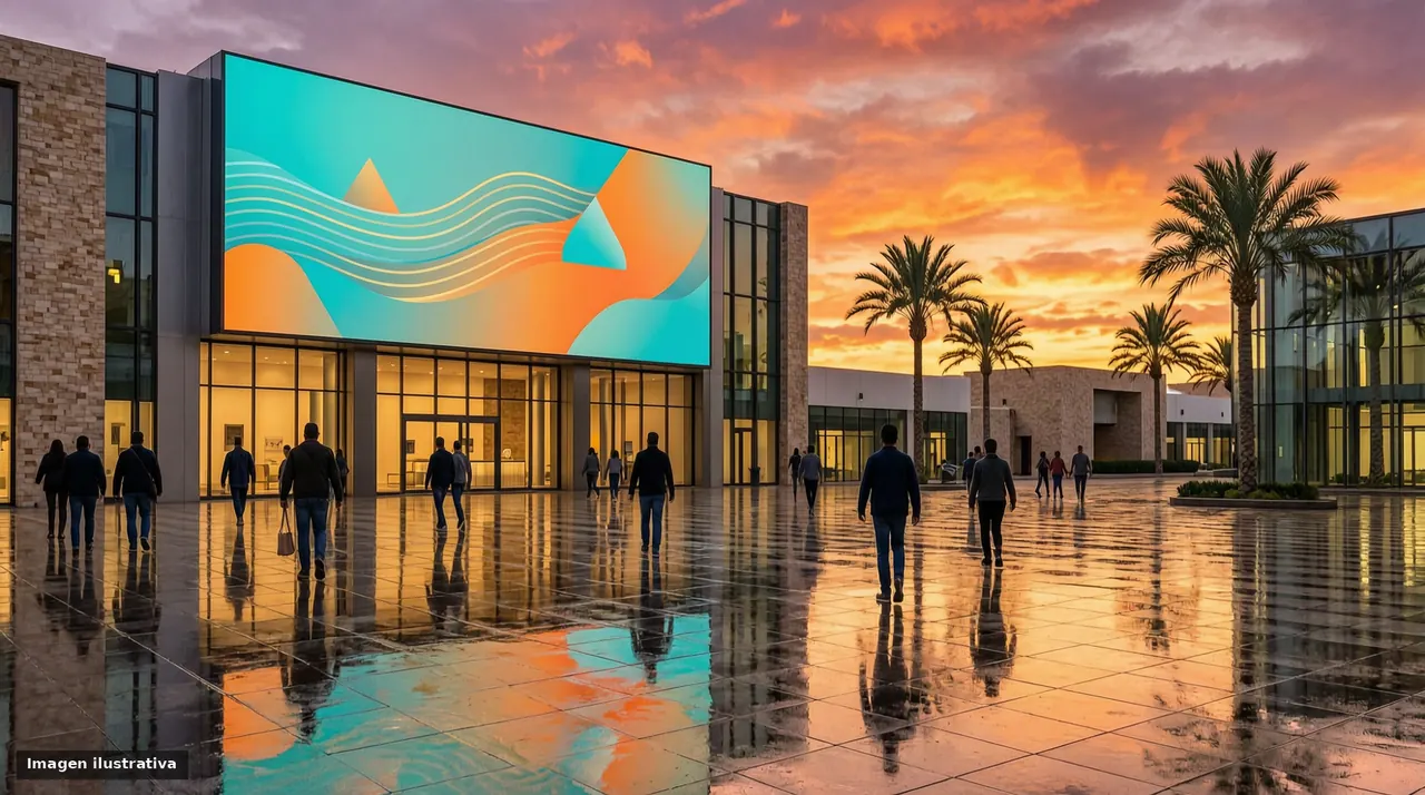 Fachada de una plaza moderna al atardecer con una gran pantalla LED de arte abstracto y personas caminando.