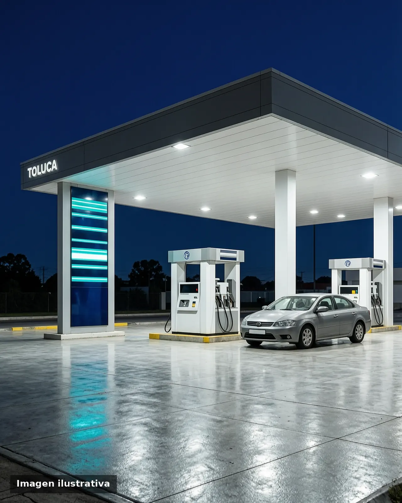 Gasolinera moderna de noche con una pantalla LED de precios y un auto junto al surtidor.