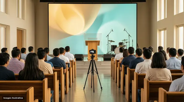 Templo contemporáneo con una gran pantalla LED encendida detrás del altar, cámara de transmisión en el pasillo y congregación de espaldas.