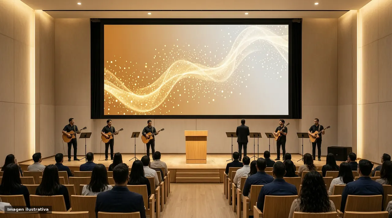 Escenario de auditorio con banda en vivo y una pantalla LED con gráficos dorados ondulantes.