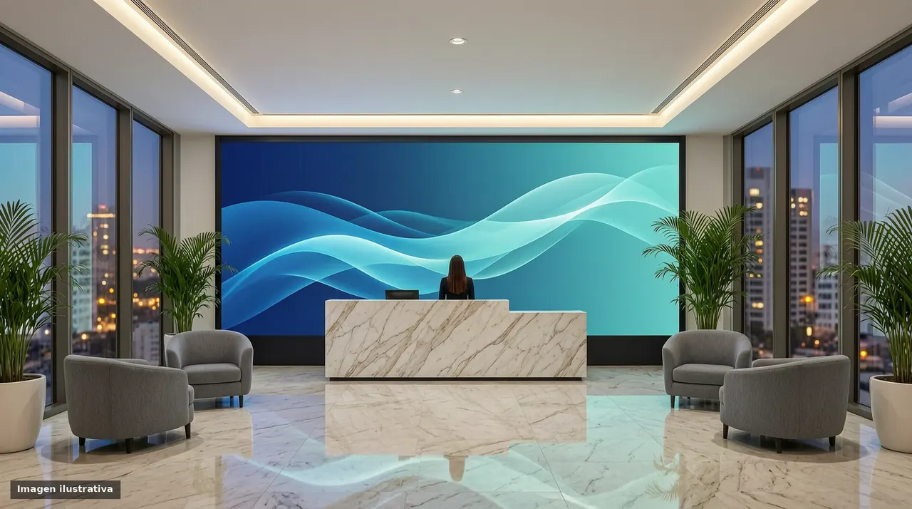 Lobby corporativo con una pantalla LED abstracta azul detrás del mostrador de recepción.