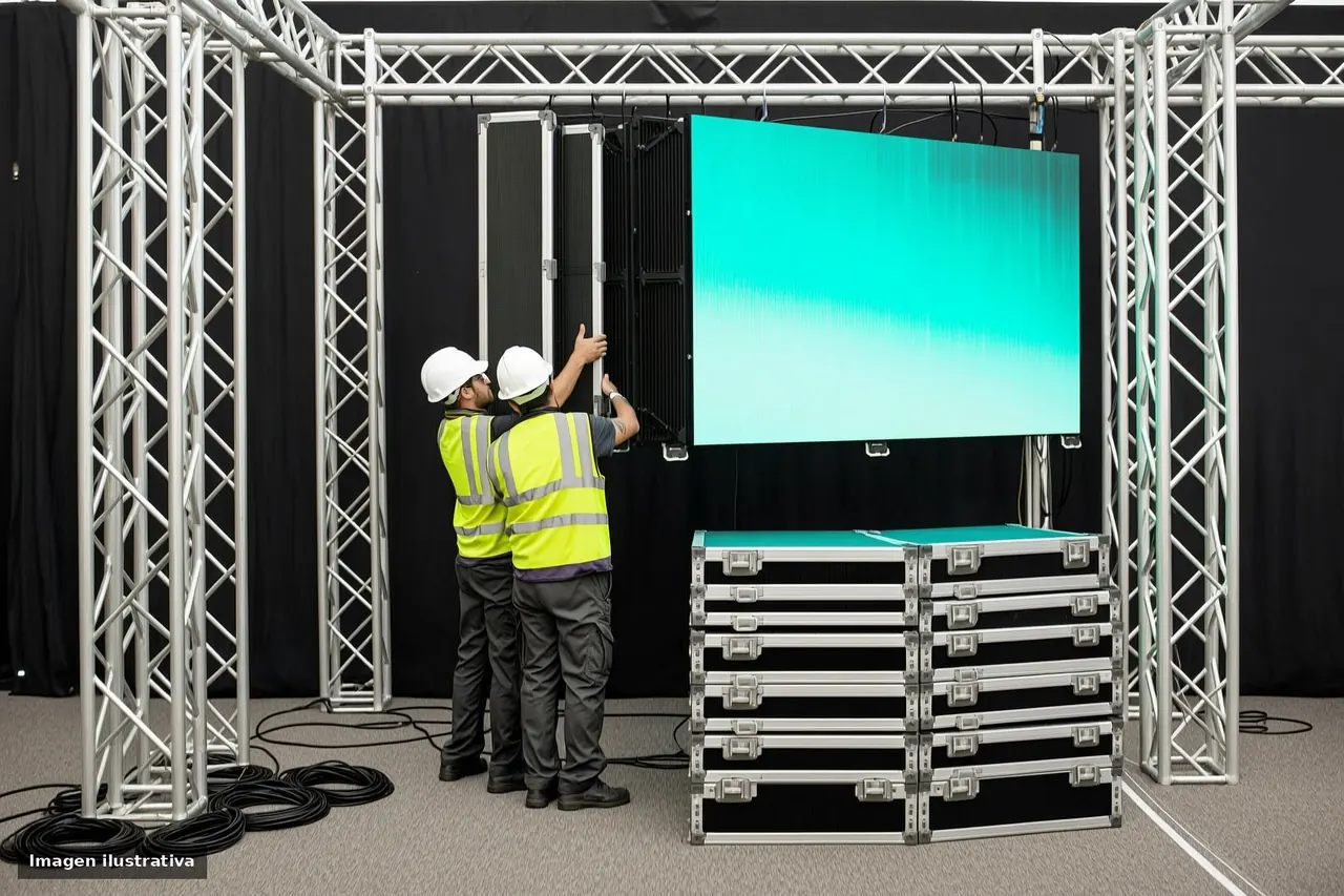 Técnicos con casco y chaleco montando gabinetes de una pantalla LED sobre una estructura metálica.