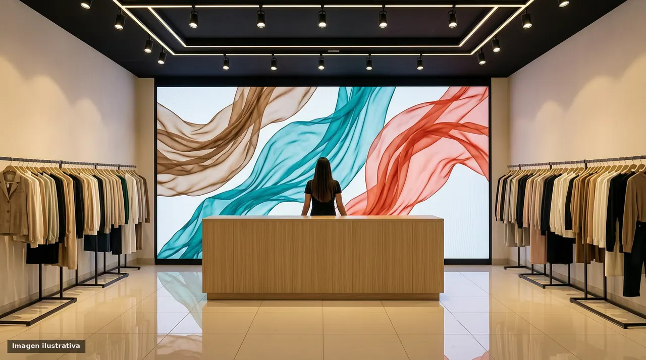 Interior de una tienda de ropa con una pantalla LED que muestra ondas de tela de colores.