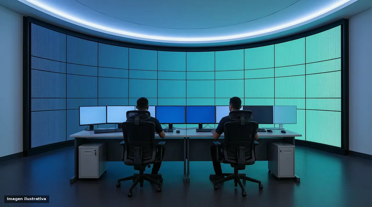 Sala de control con dos operadores de espaldas frente a un muro de video LED curvo.